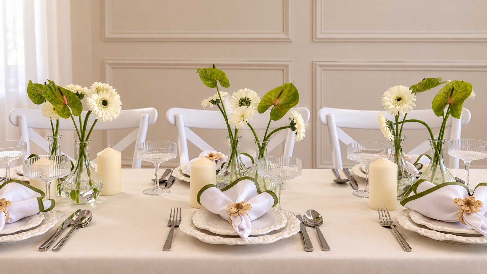 Simply Timeless table with white daisies and green anthuriums
