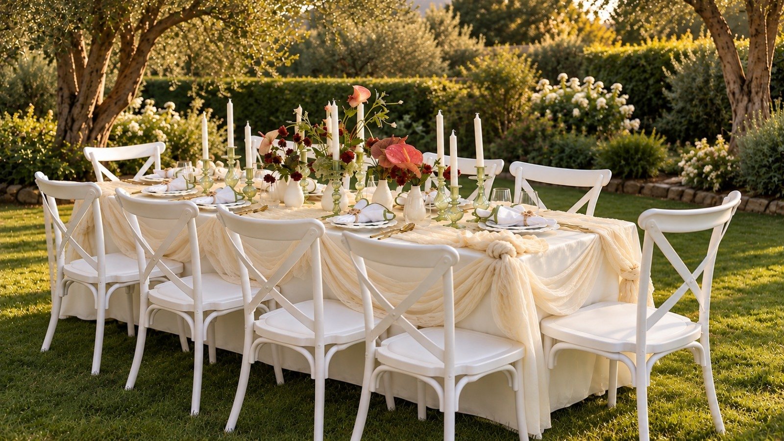 The Bloom Edit garden table with white cross-back chairs and flowers