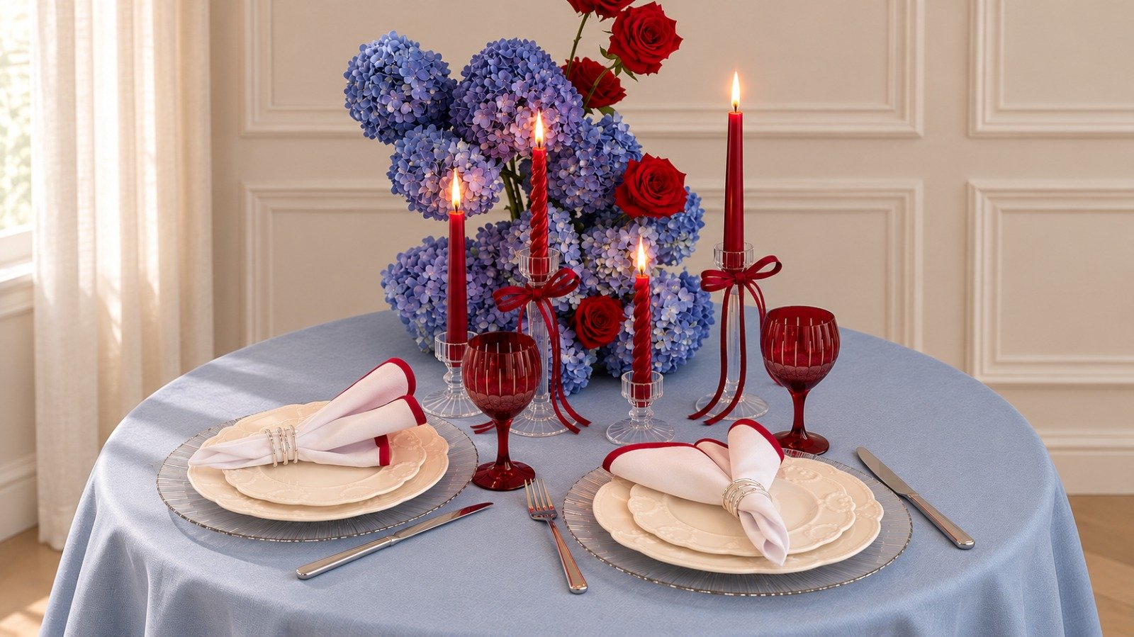 Bordeaux and Blue table with blue hydrangeas, red roses and burgundy candles